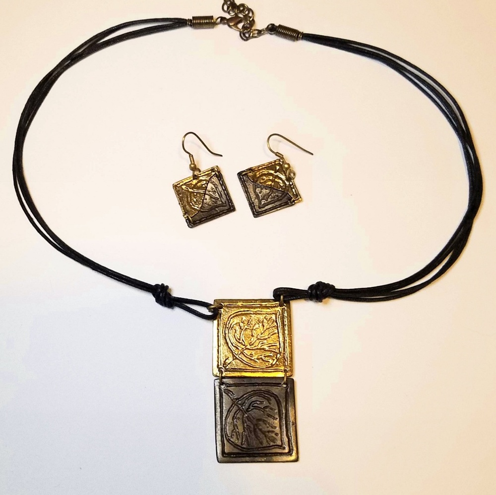 Handmade leaf metal necklace and earrings set